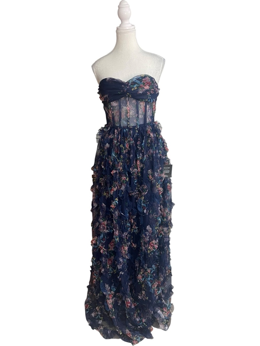 Lulus Stunning Element RuffleStrapless Mesh Maxi Dress Navy Floral